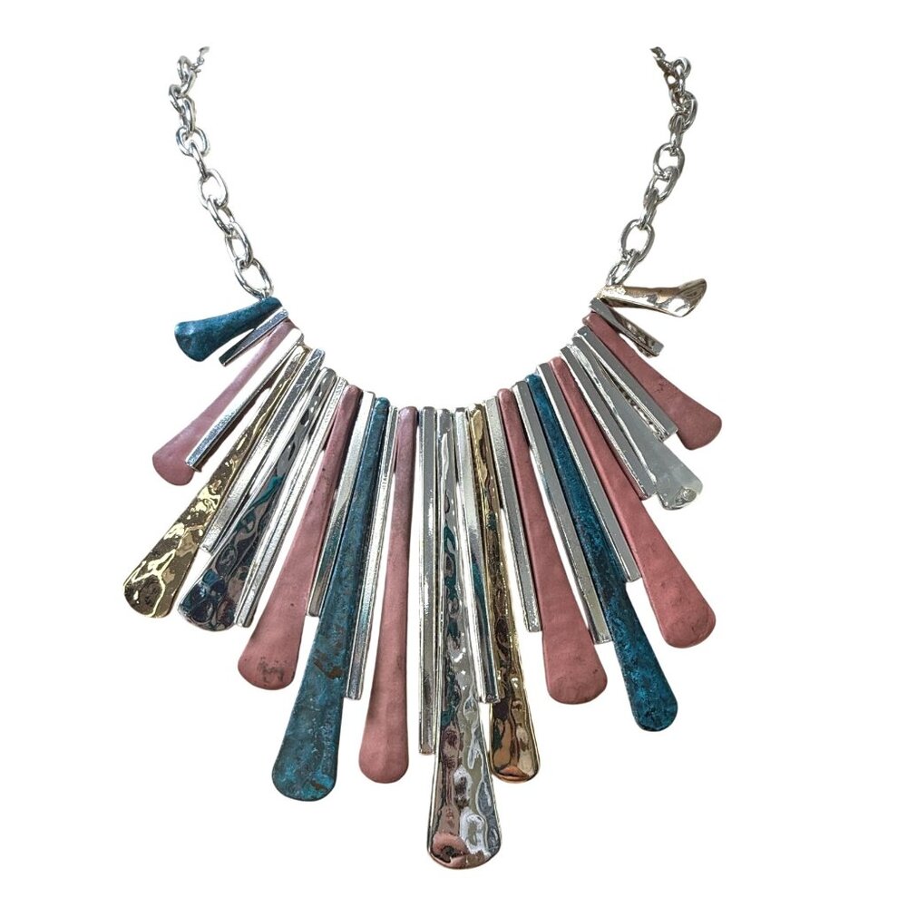 RLM Studio Multicolor Metallic Fan Statement Necklace Artisan Geometric Bib